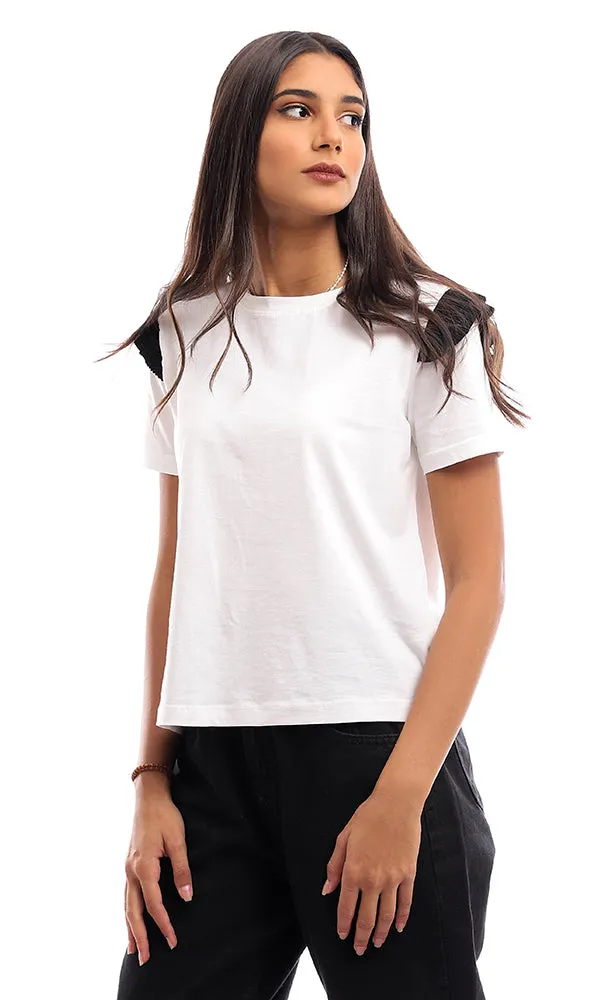 94740 Plain Round T-Shirt With Ruffled Accent - White