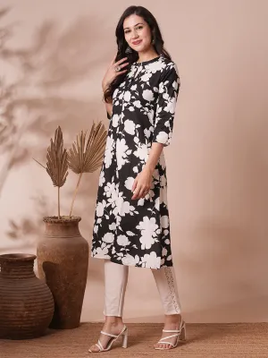 Abstract Floral Printed A-Line Cotton Flax Kurta - Black