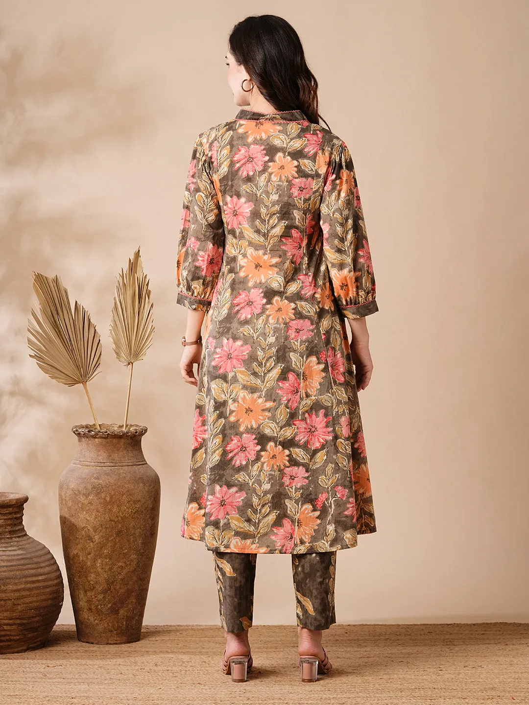 Abstract Floral Printed A-Line Paneled Kurta with Pant - Brown