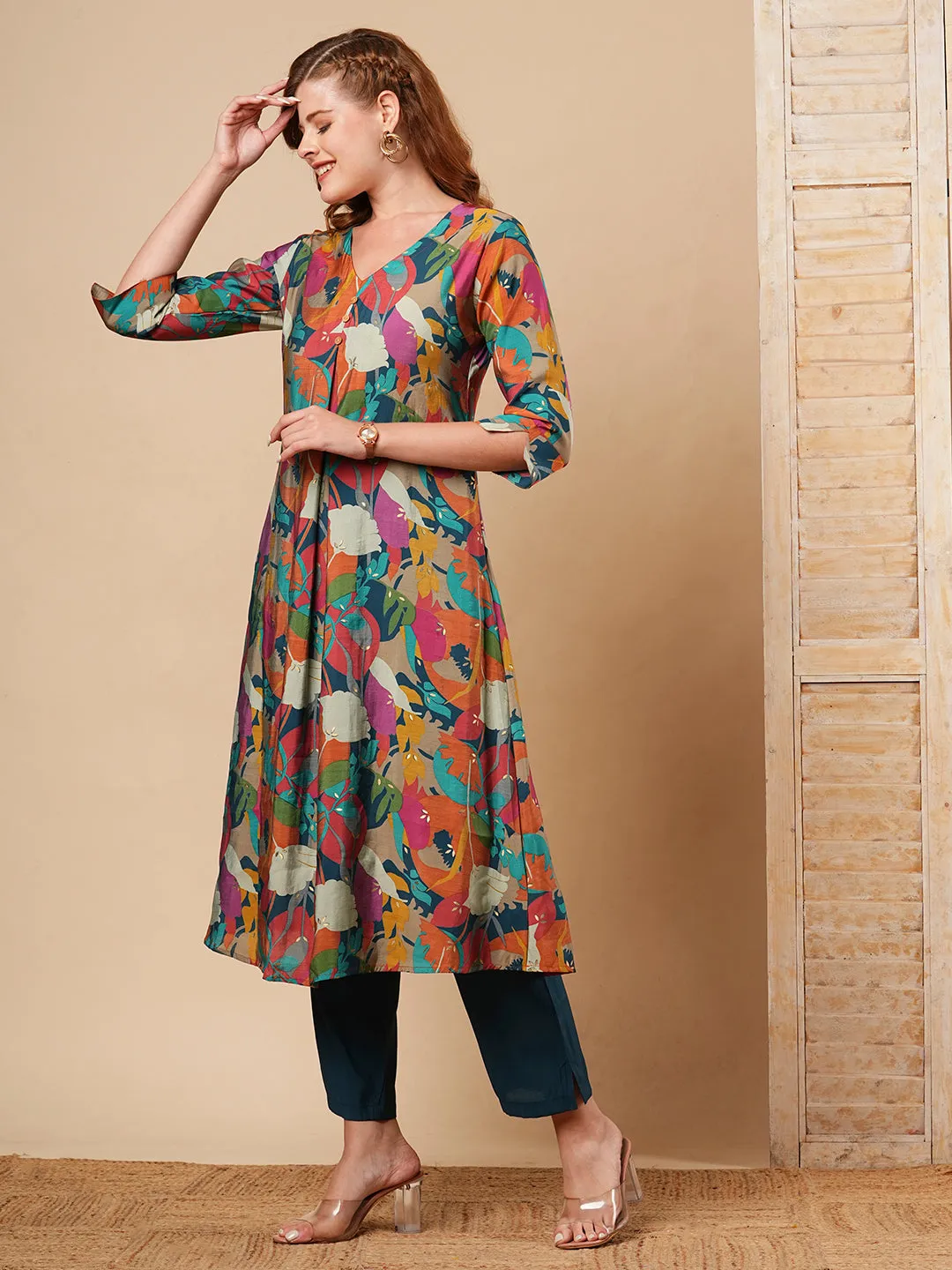 Abstract Foil Printed A-Line Kurta with Pant - Multi