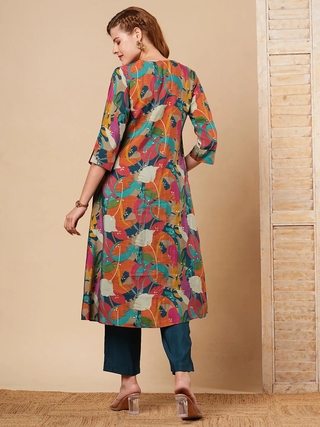 Abstract Foil Printed A-Line Kurta with Pant - Multi