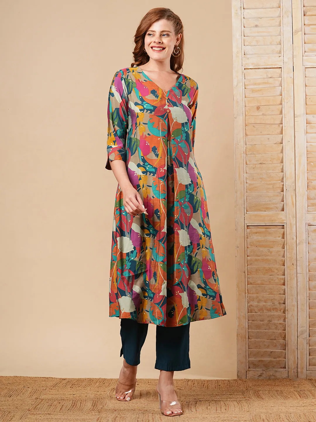 Abstract Foil Printed A-Line Kurta with Pant - Multi