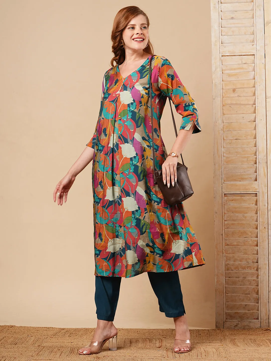 Abstract Foil Printed A-Line Kurta with Pant - Multi