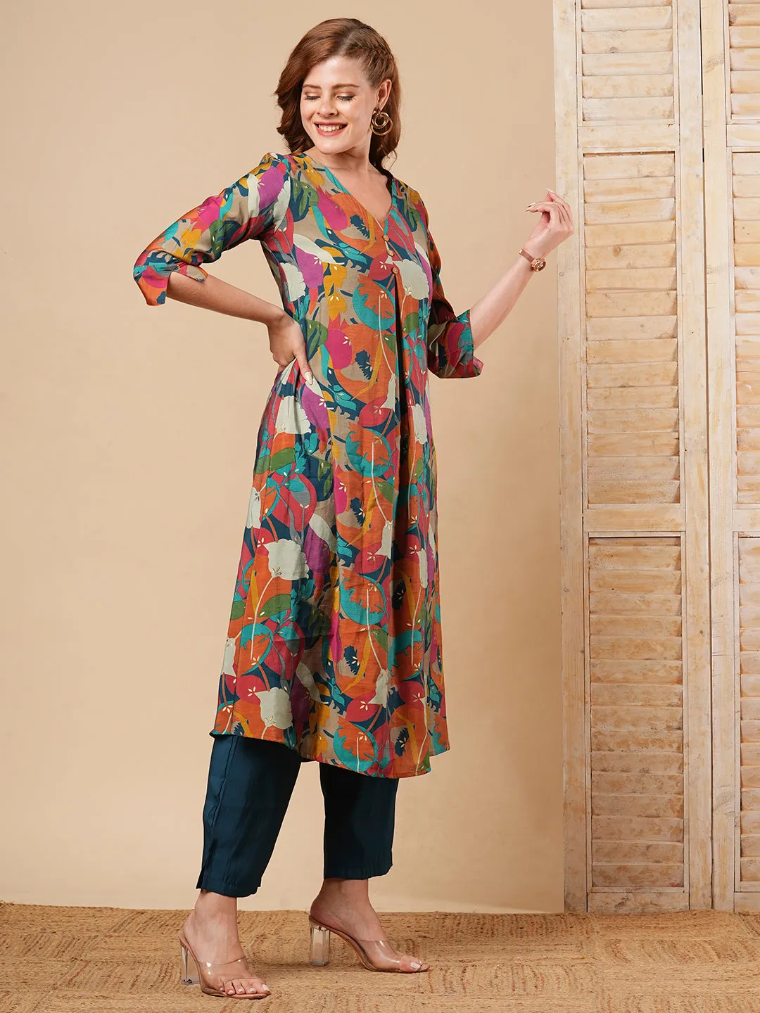 Abstract Foil Printed A-Line Kurta with Pant - Multi