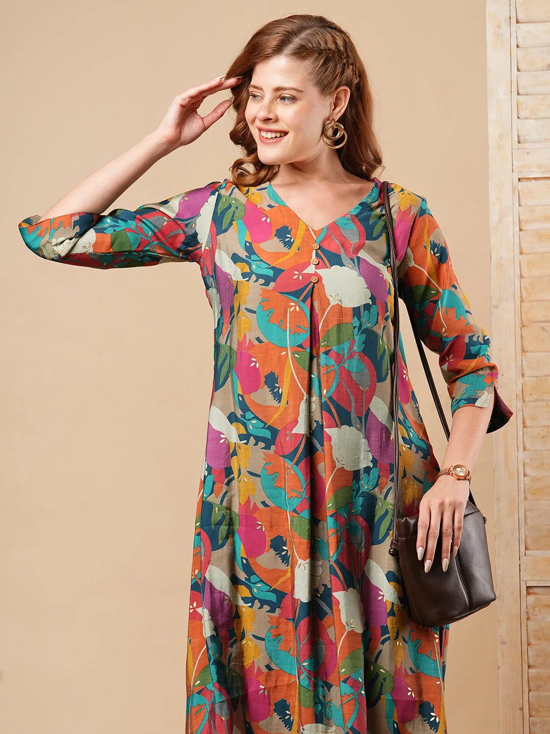 Abstract Foil Printed A-Line Kurta with Pant - Multi