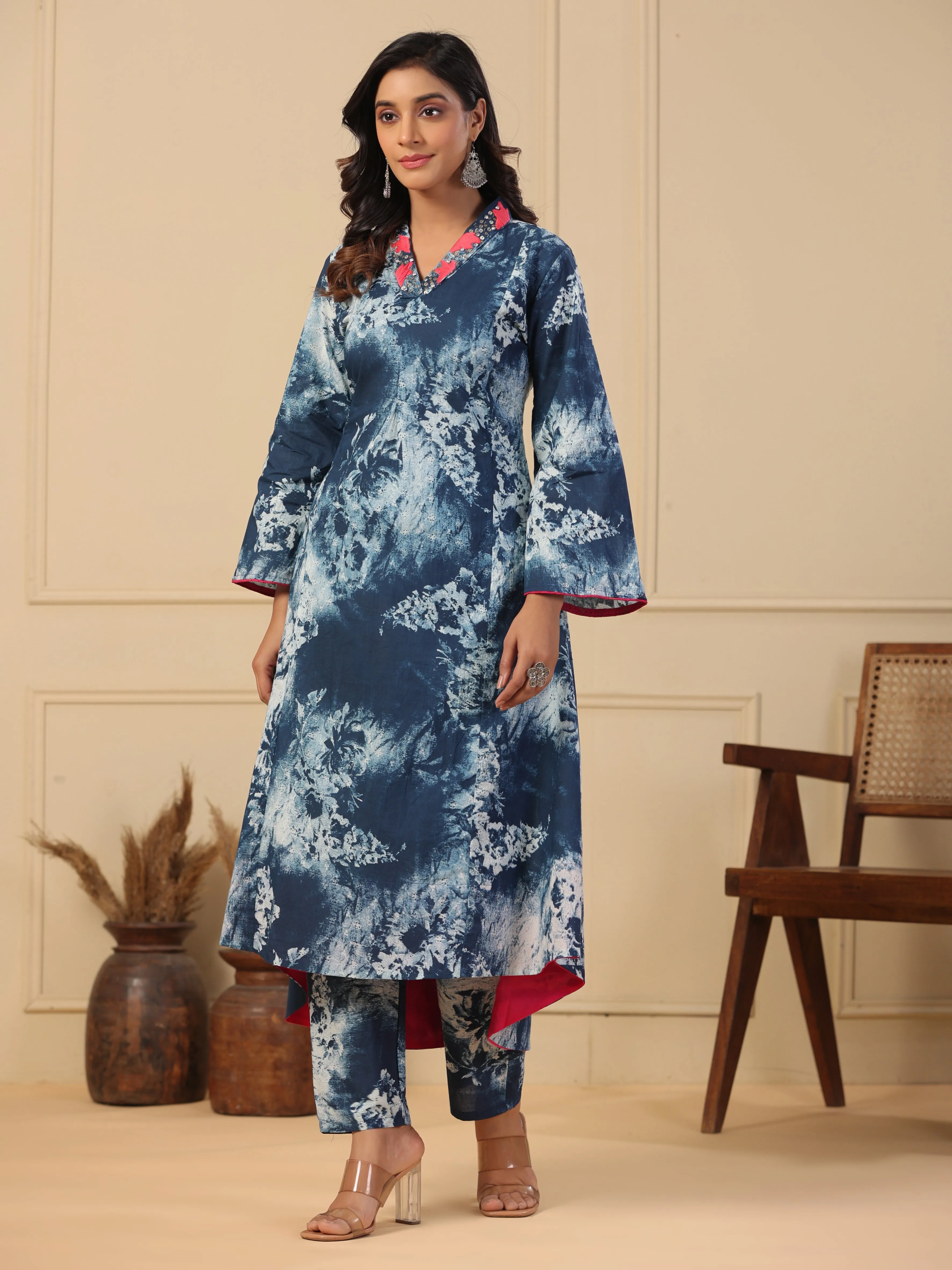 Abstract Printed A-Line Paneled Kurta with Pant - Blue