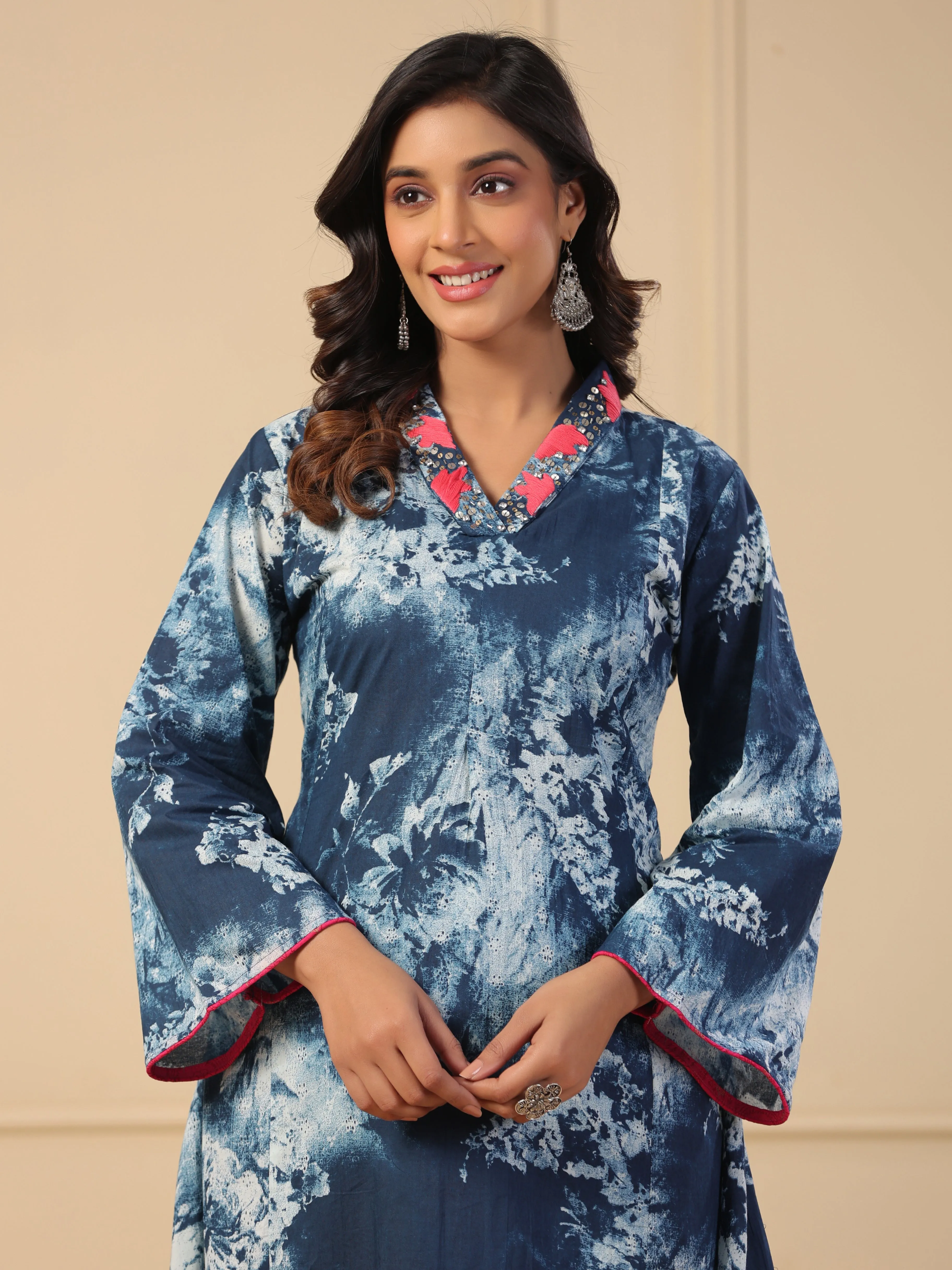 Abstract Printed A-Line Paneled Kurta with Pant - Blue