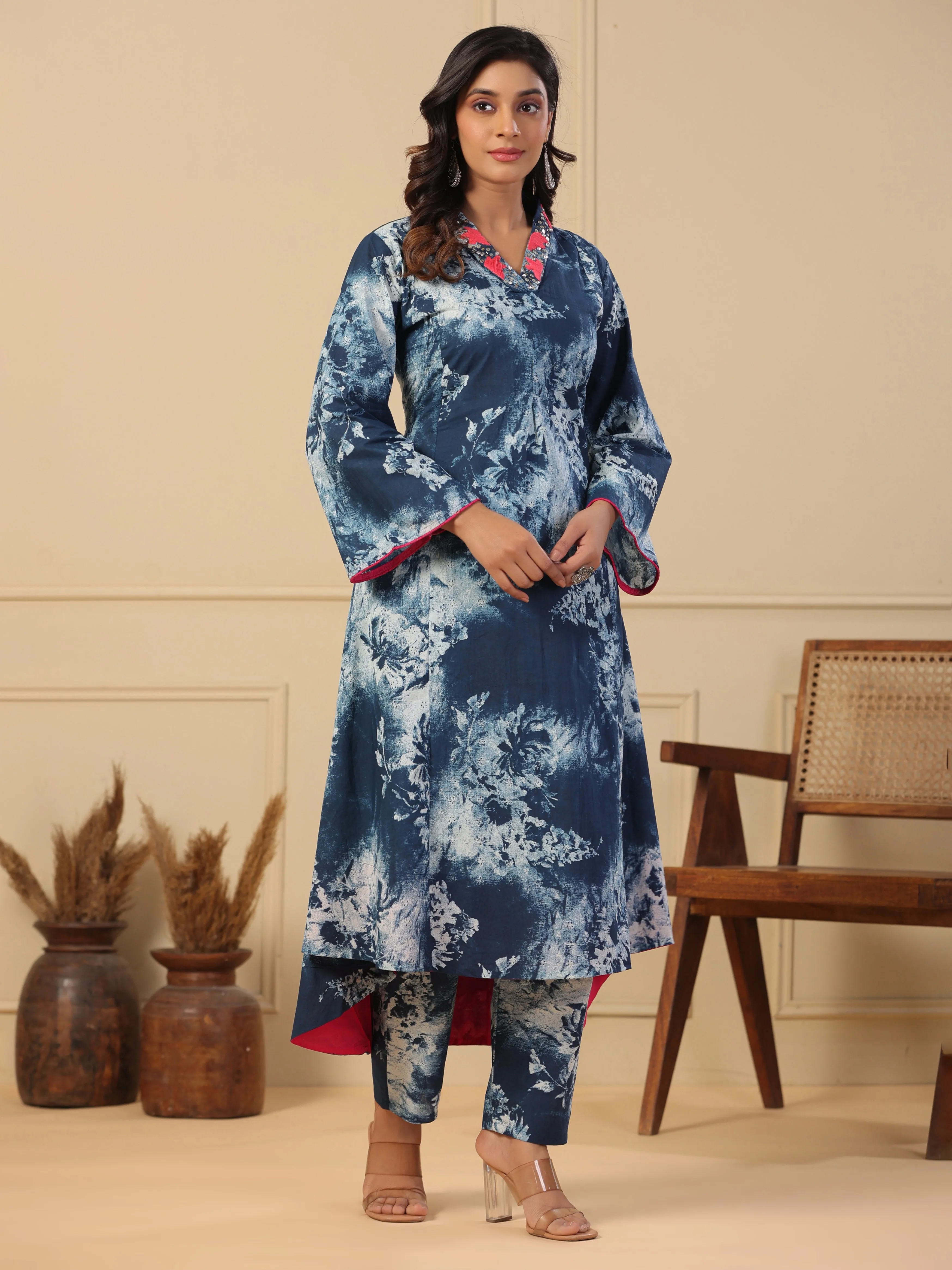 Abstract Printed A-Line Paneled Kurta with Pant - Blue