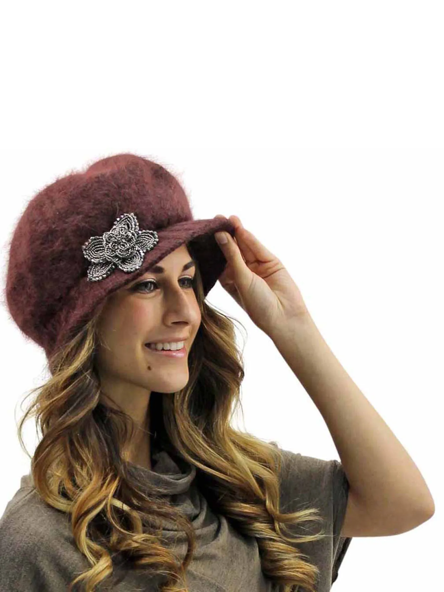 Angora Knit Newsboy Hat With Beaded Flower