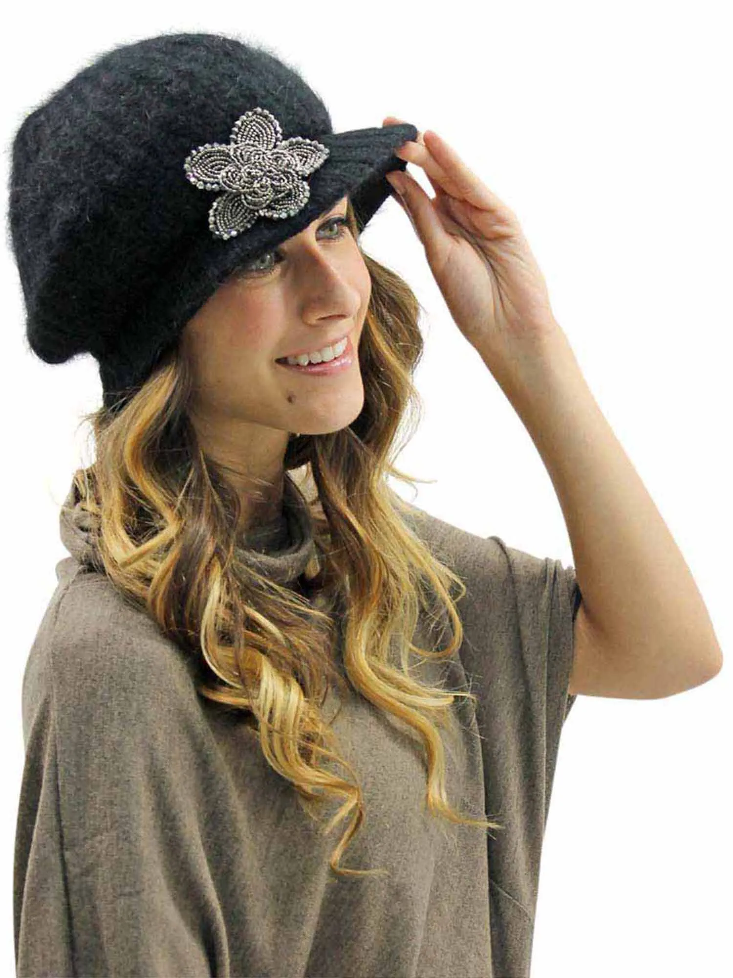 Angora Knit Newsboy Hat With Beaded Flower