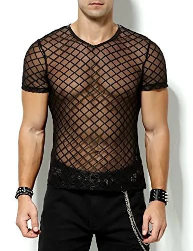 Arjen Kroos Men's Sexy See Through T Shirt Mesh Fishnet Undershirts Transparent Shirt