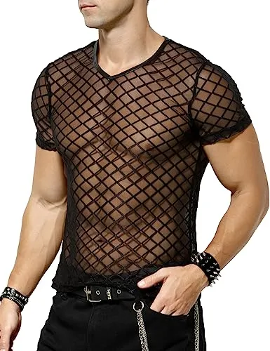 Arjen Kroos Men's Sexy See Through T Shirt Mesh Fishnet Undershirts Transparent Shirt