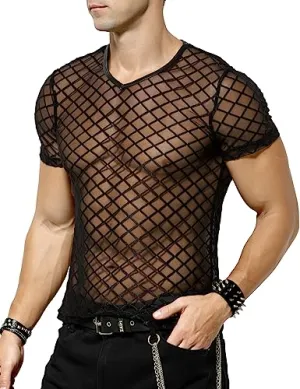 Arjen Kroos Men's Sexy See Through T Shirt Mesh Fishnet Undershirts Transparent Shirt