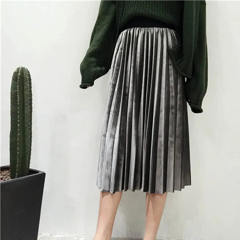 Autumn High Waisted Skinny Velvet Pleated Skirt