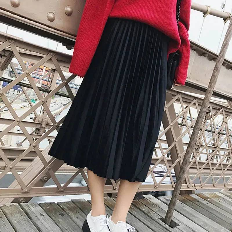 Autumn High Waisted Skinny Velvet Pleated Skirt