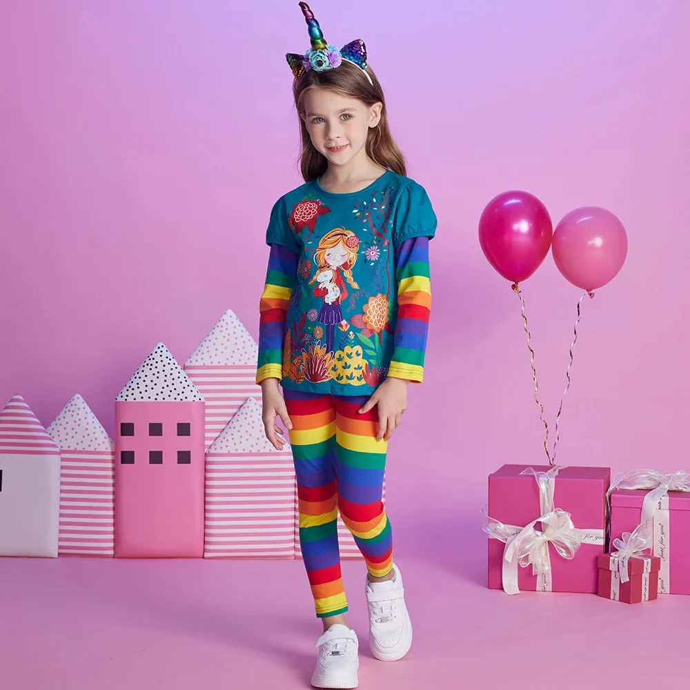 Baby Girl Floral Cartoon Long Rainbow Tees