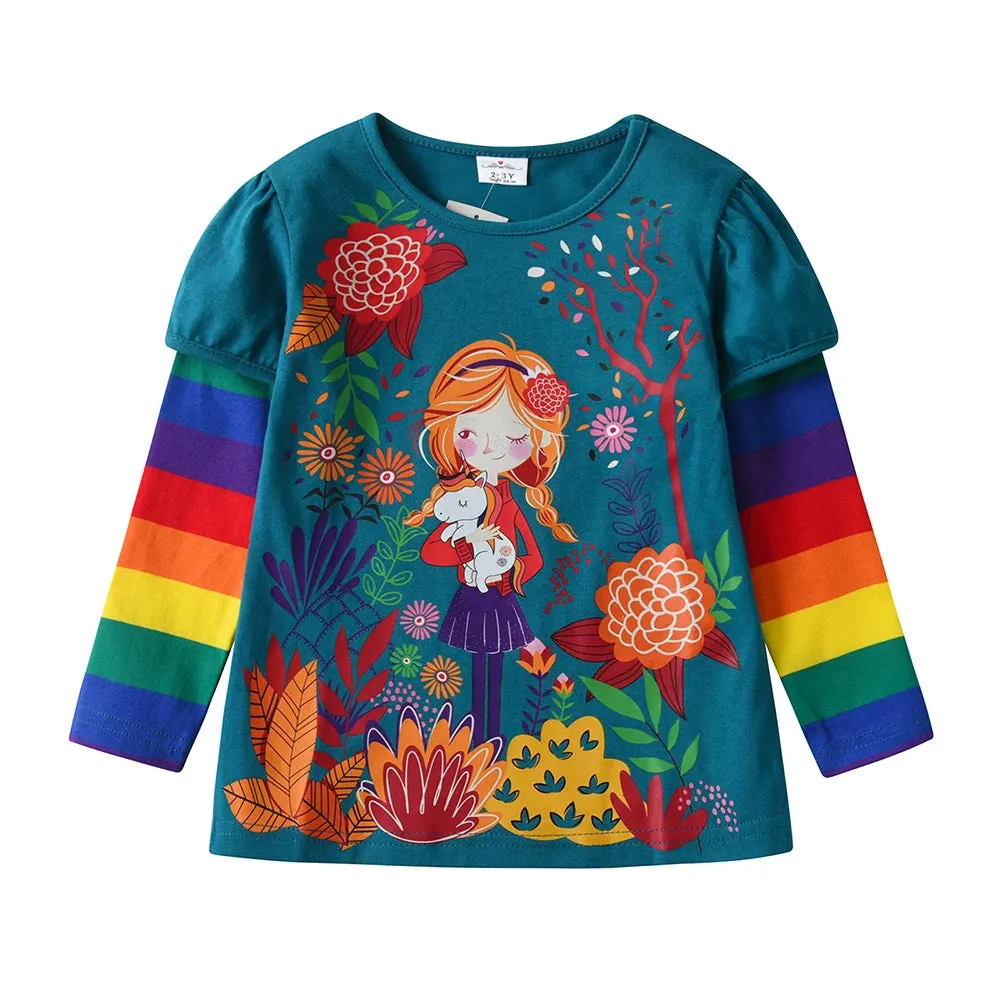 Baby Girl Floral Cartoon Long Rainbow Tees