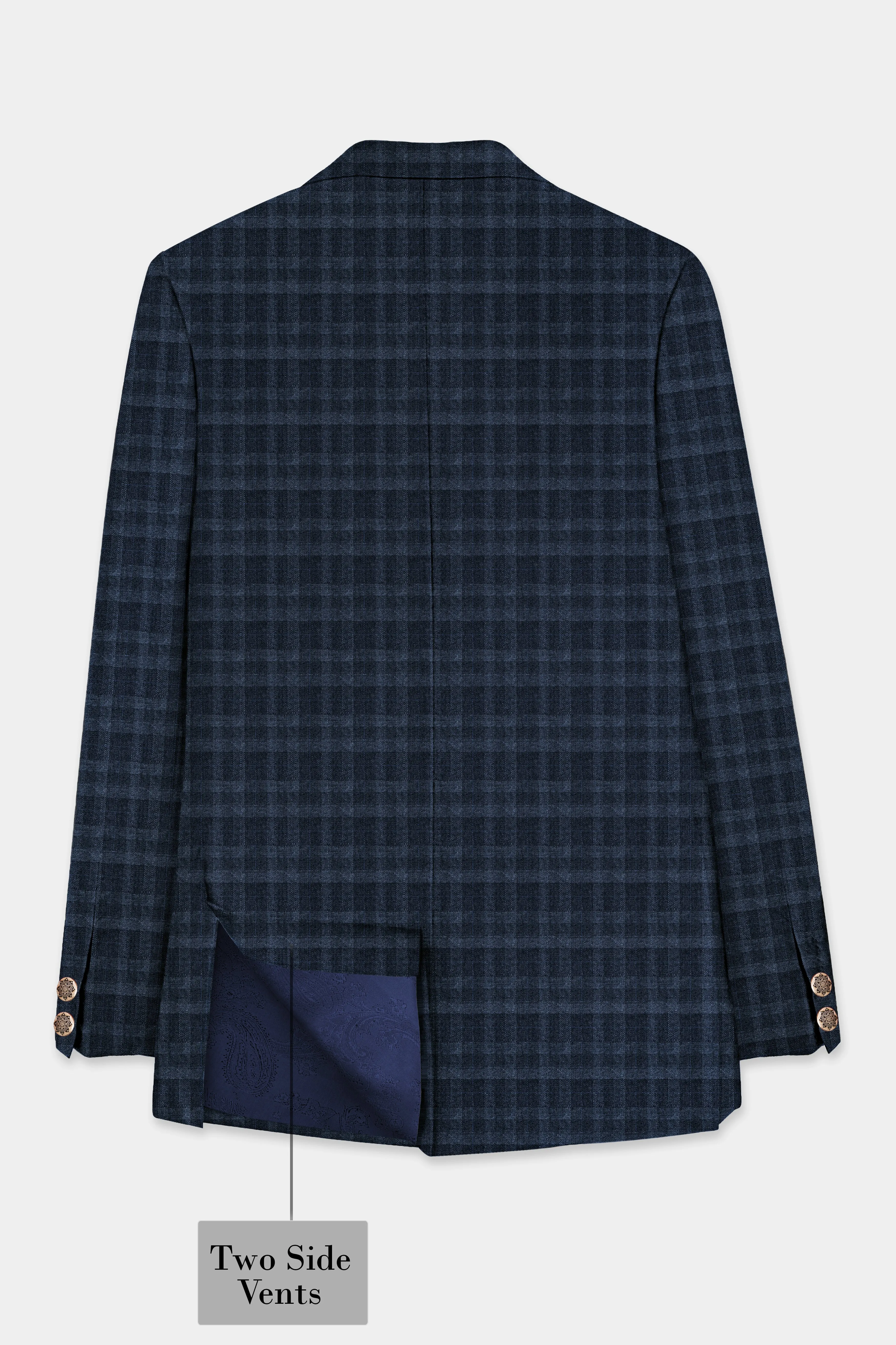 Baltic Blue Plaid Wool Rich Cross Placket Bandhgala Suit