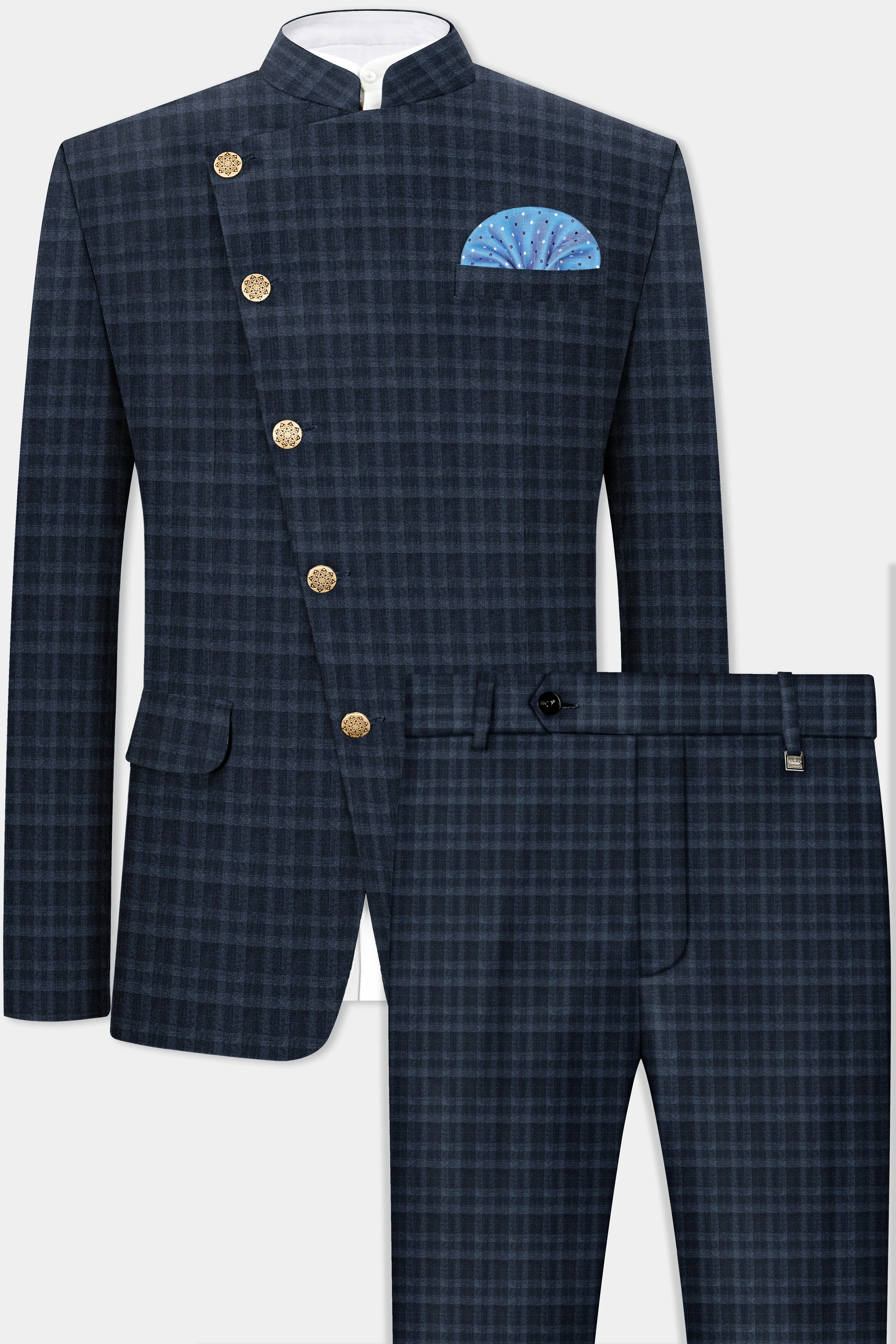 Baltic Blue Plaid Wool Rich Cross Placket Bandhgala Suit