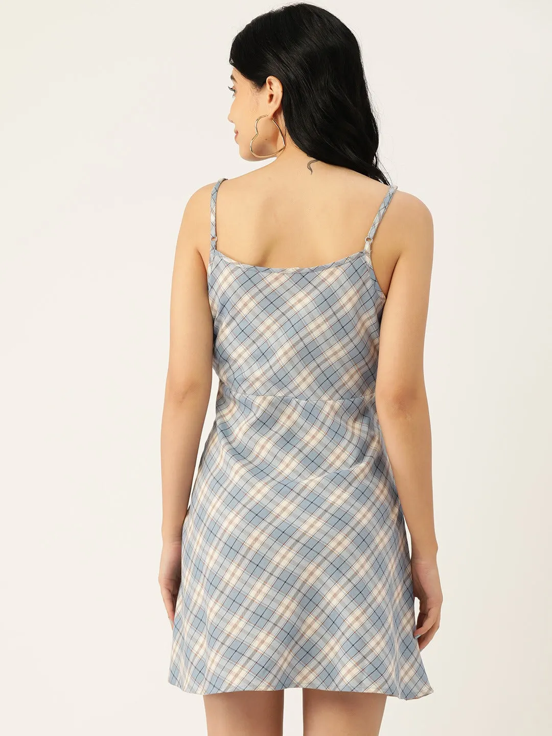 Berrylush Women Blue & White Check Printed Square Neck Crepe Flared A-Line Mini Dress