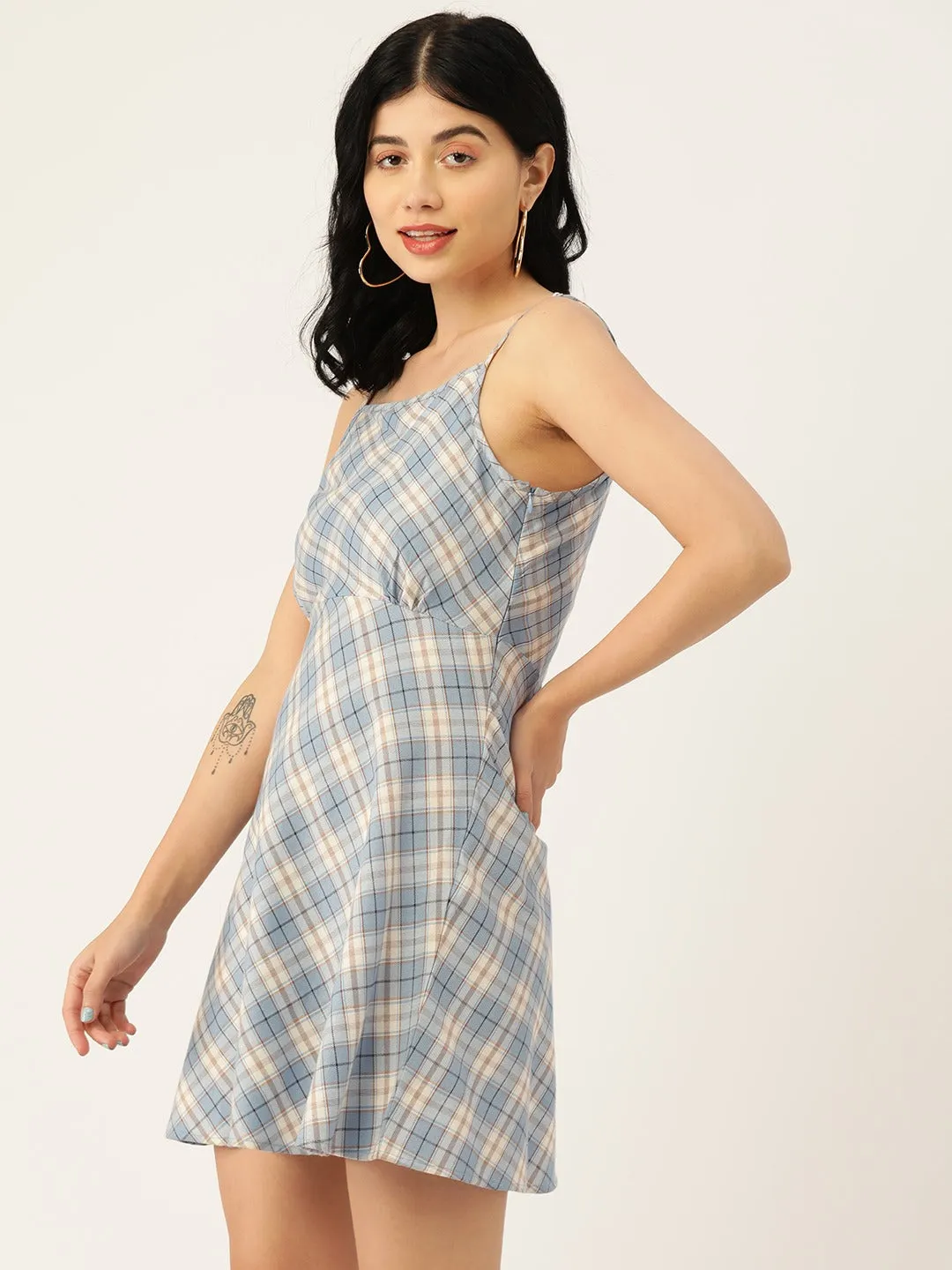 Berrylush Women Blue & White Check Printed Square Neck Crepe Flared A-Line Mini Dress