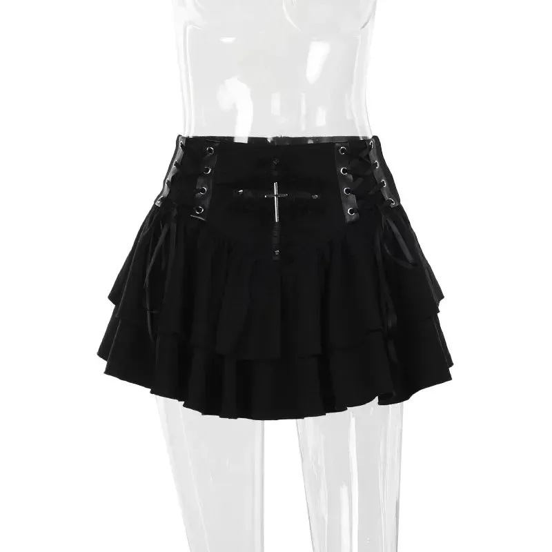 Black Lace Trim Cross Lace-up Mini Vintage Sexy A-Line Layered Short Women Summer Autumn Skirt