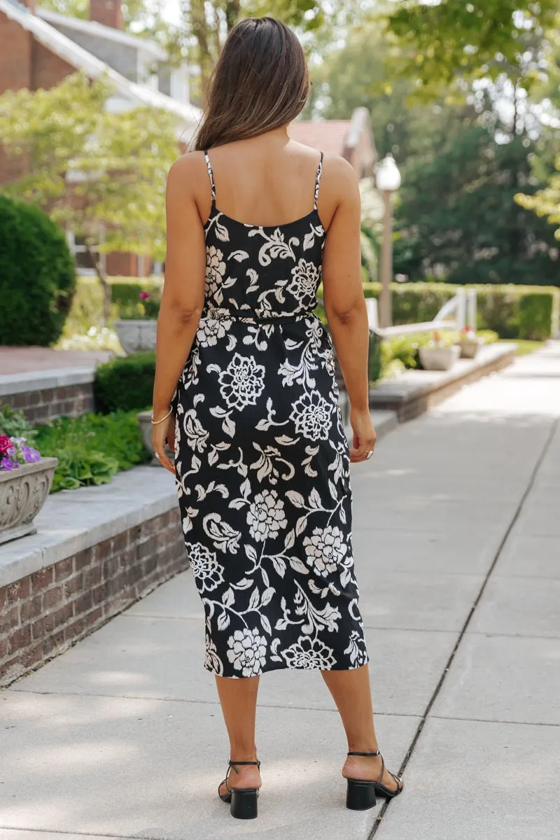 Black Print Tie Waist Midi Dress - FINAL SALE