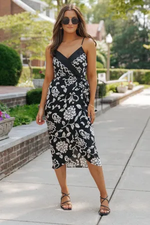 Black Print Tie Waist Midi Dress - FINAL SALE