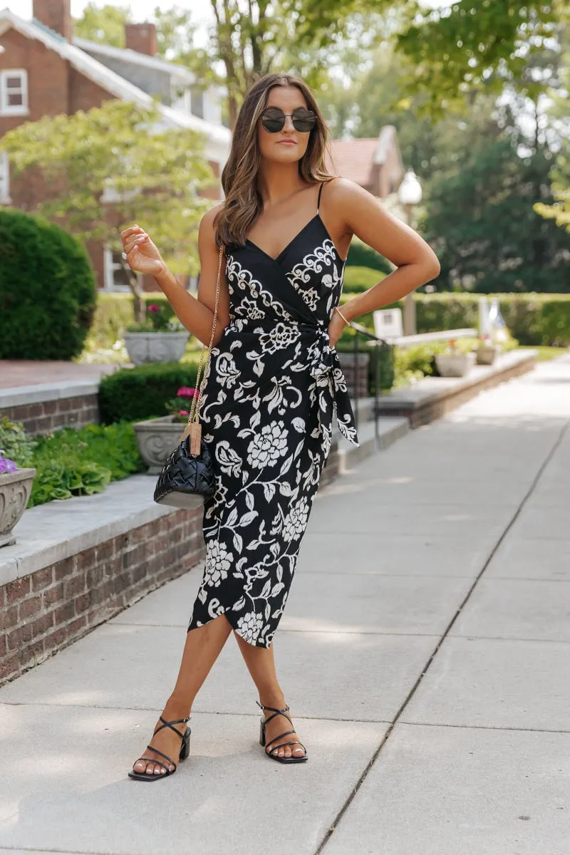 Black Print Tie Waist Midi Dress - FINAL SALE