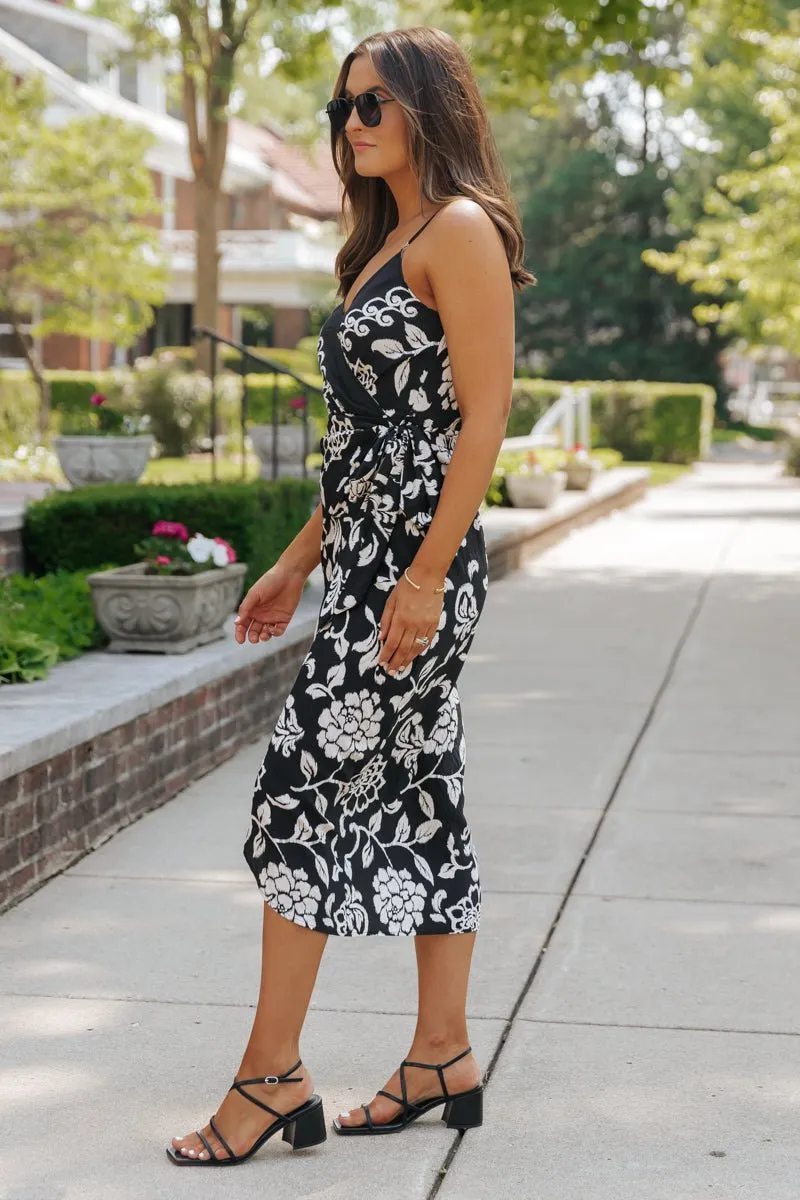 Black Print Tie Waist Midi Dress - FINAL SALE