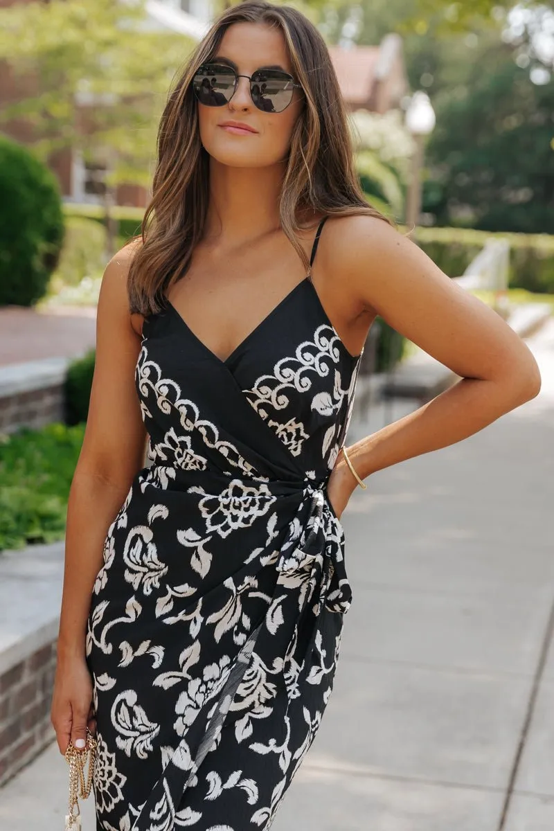 Black Print Tie Waist Midi Dress - FINAL SALE