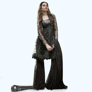 Black Pure Pakistani Style Designer Heavy Embroidered on Net 054B