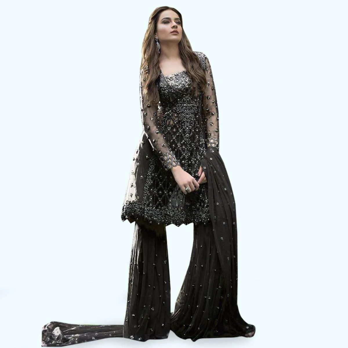 Black Pure Pakistani Style Designer Heavy Embroidered on Net 054B