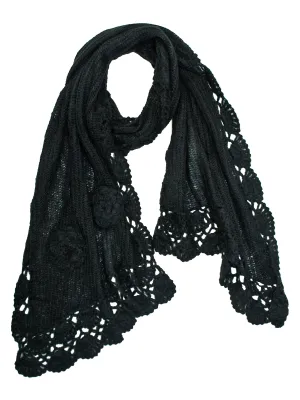 Black Warm Crochet Knit Winter Scarf With Rosette Trim