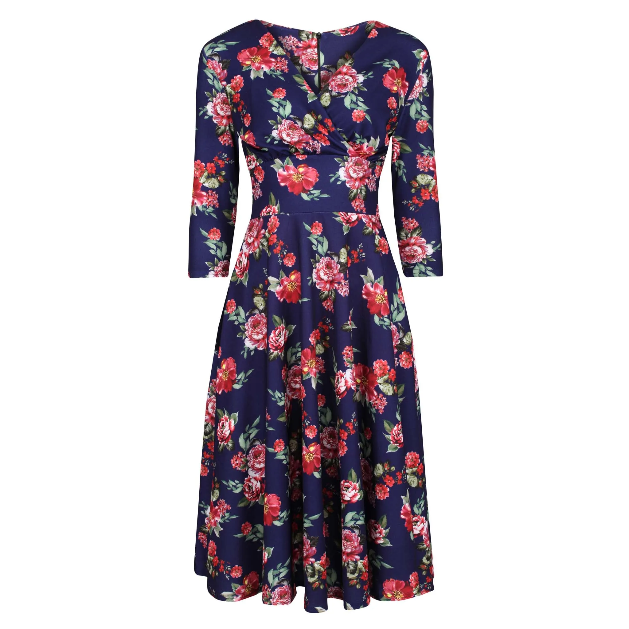 Blue Floral Vintage A Line Crossover 3/4 Sleeve Tea Swing Dress