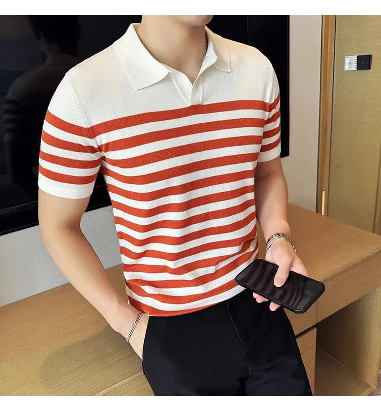 British Men's Slim Fit Polo T-shirt with Contrasting Stripes - Summer Knit Casual Lapel Style