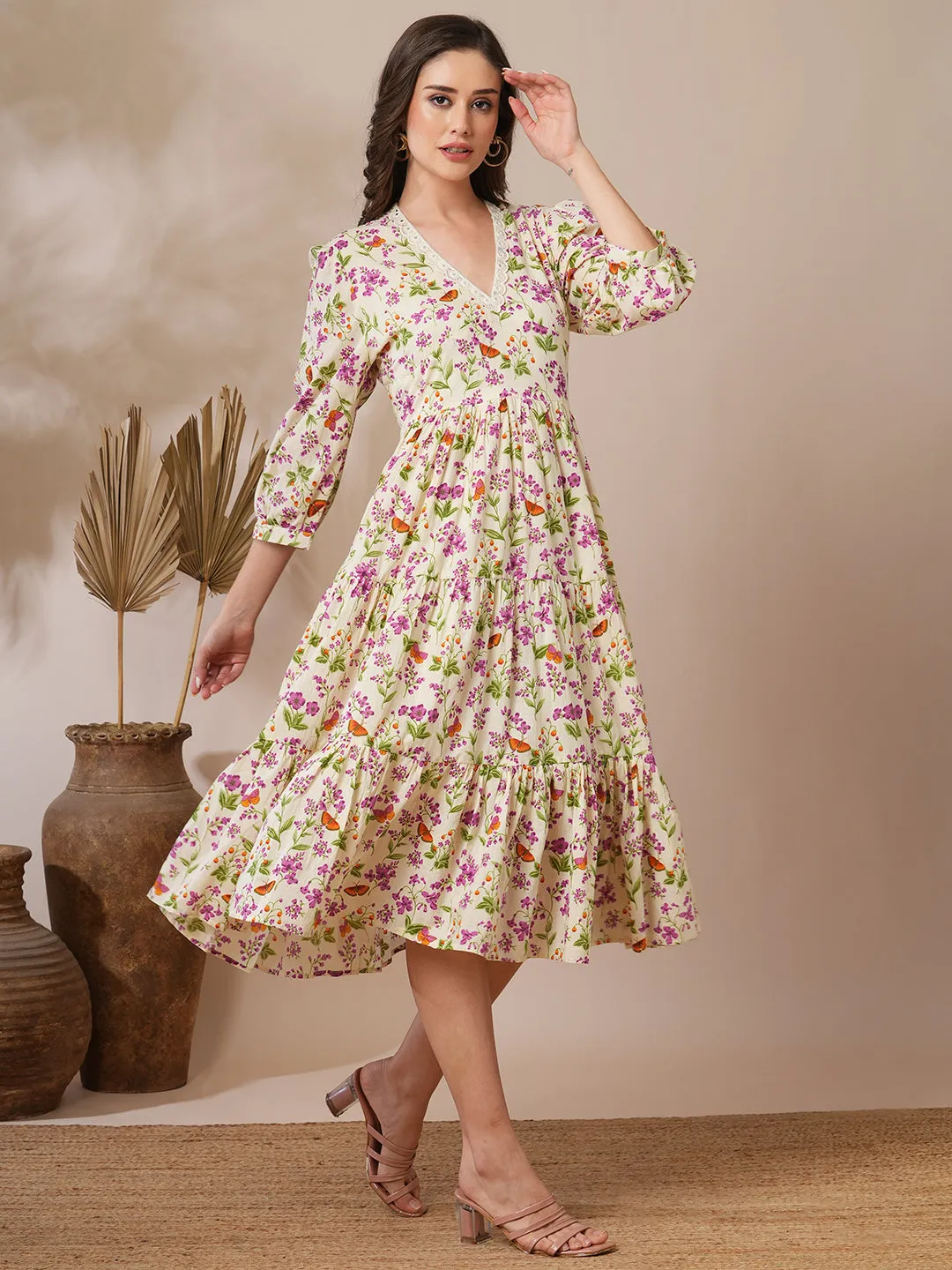 Butterfly & Floral Printed A-Line Pleated Tiered Flared Midi Dress - Off White