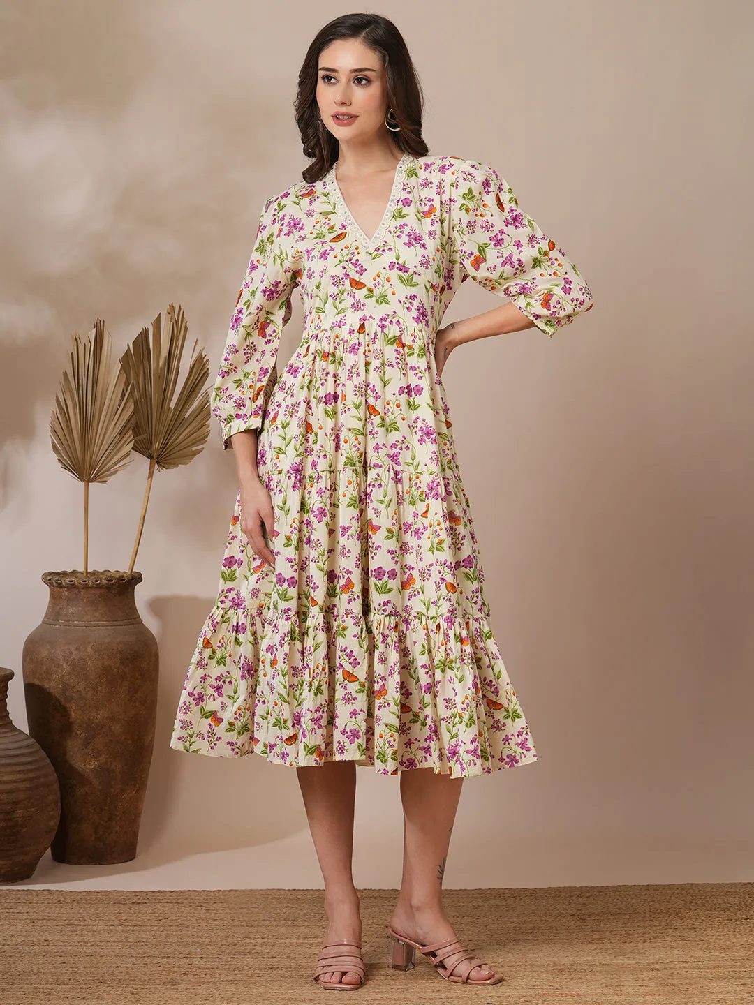 Butterfly & Floral Printed A-Line Pleated Tiered Flared Midi Dress - Off White