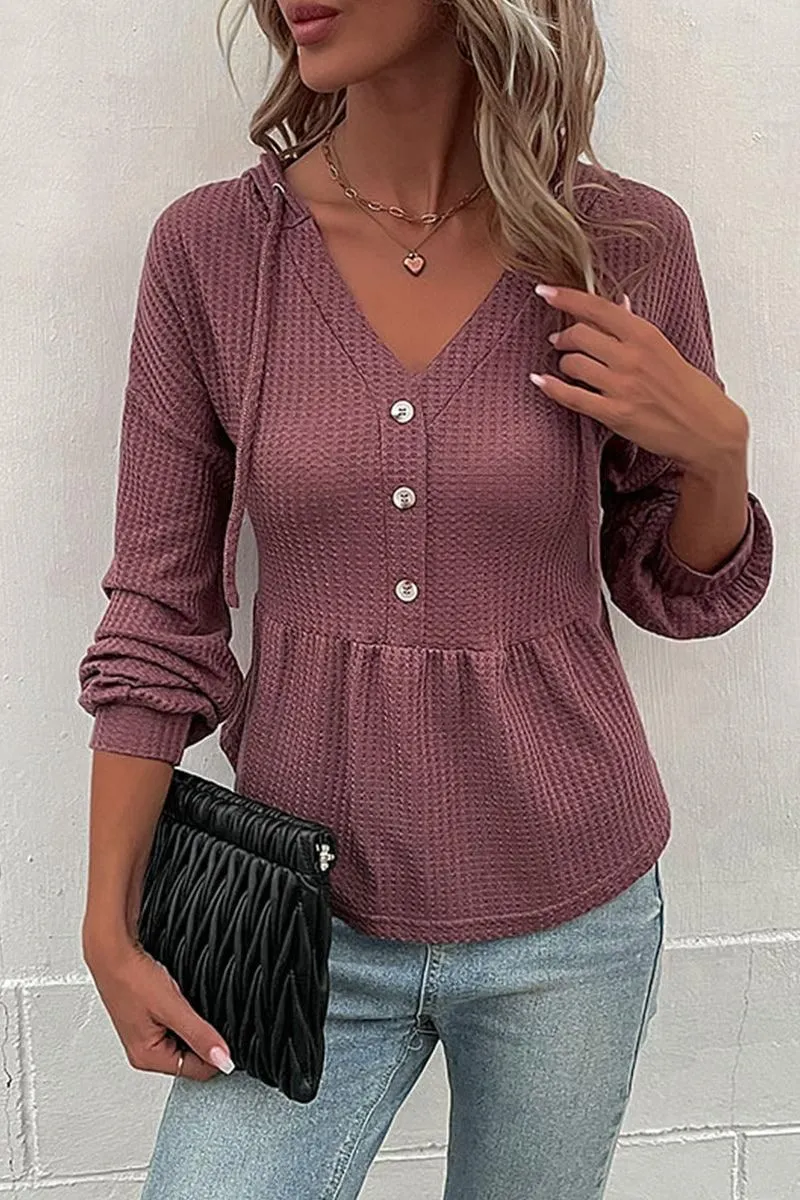 BUTTON NECK HOODIED WAFFLE KNIT TUNIC TOP