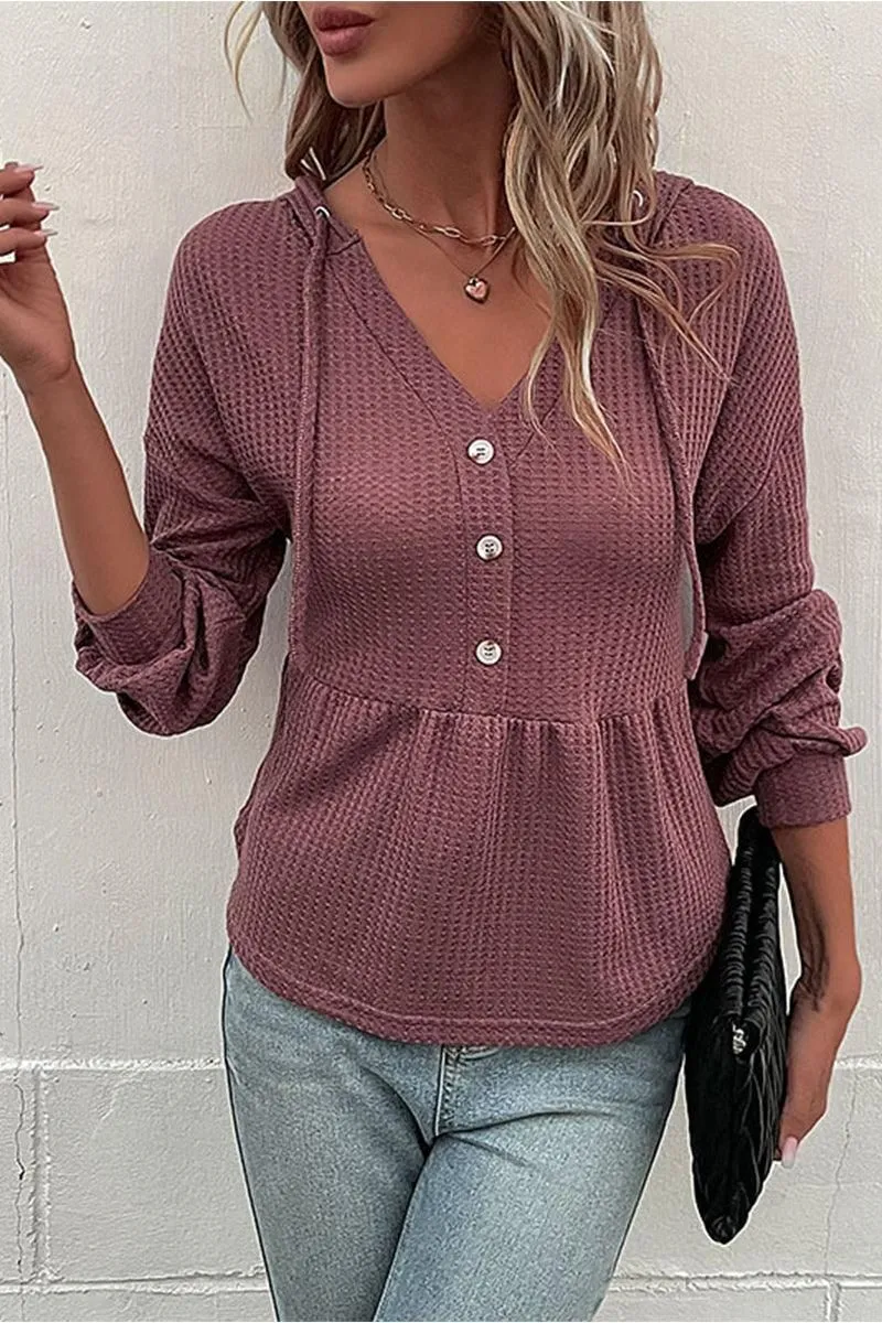 BUTTON NECK HOODIED WAFFLE KNIT TUNIC TOP