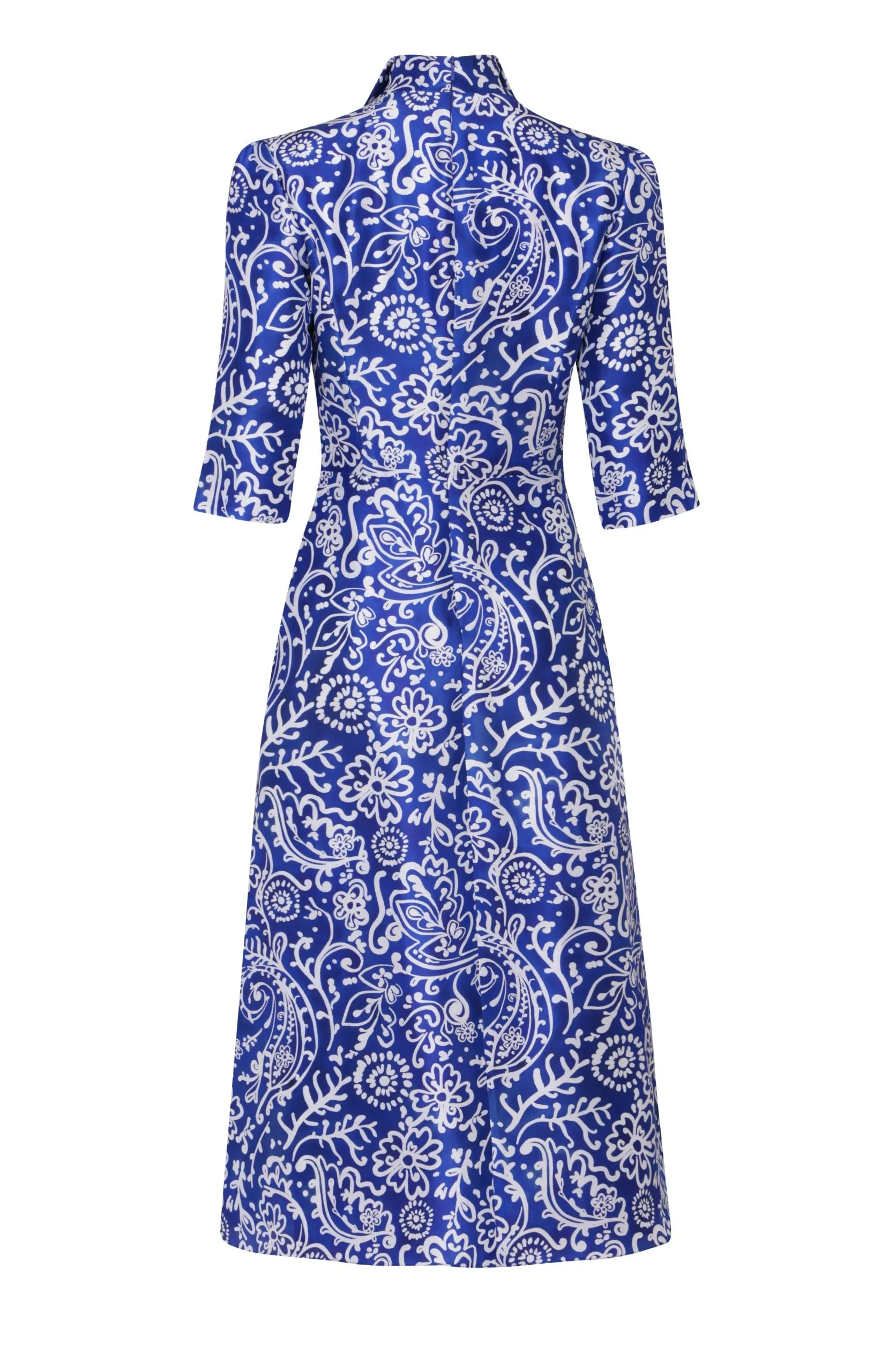 Calf Length, A-Line Dress in Blue and White Printed Silk Shantung - Naomi