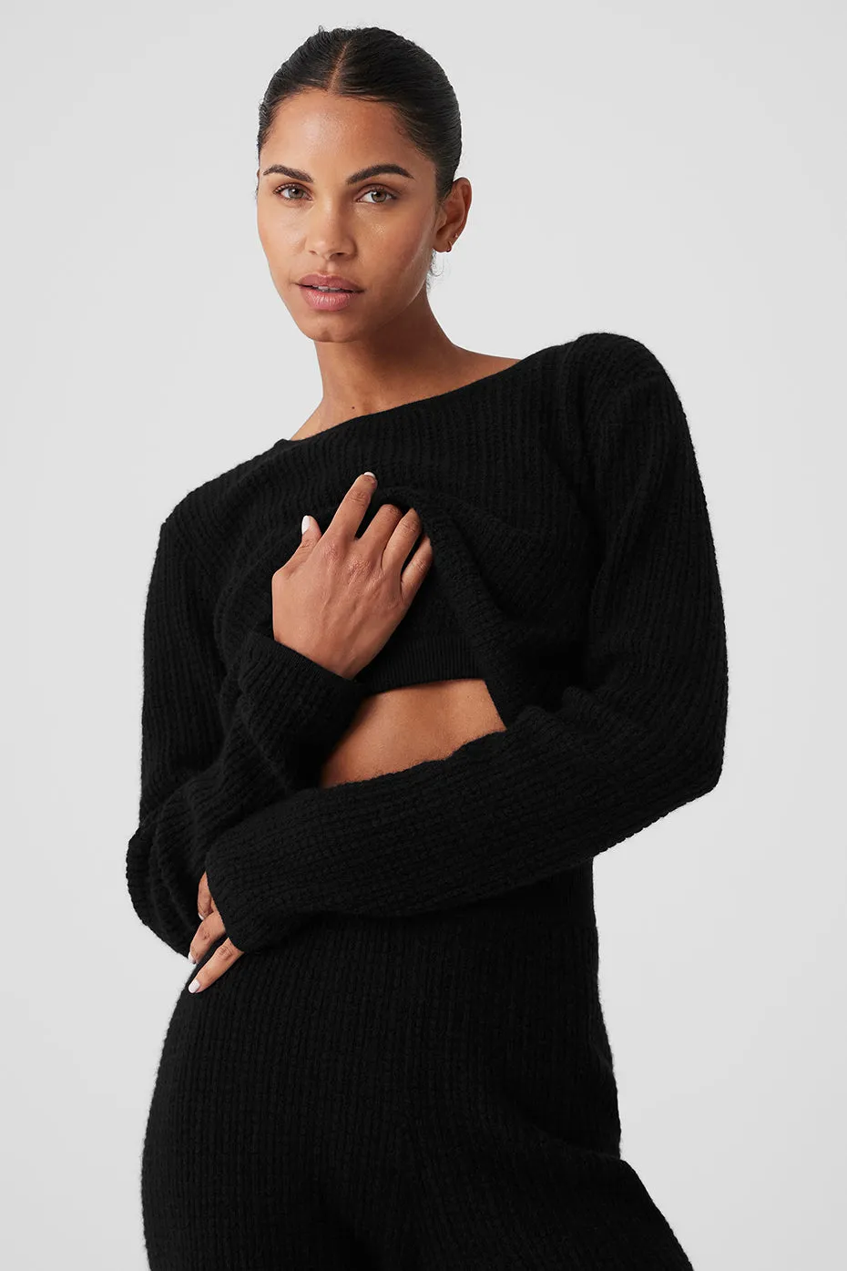 Cashmere Plush Waffle Cropped Long Sleeve - Black