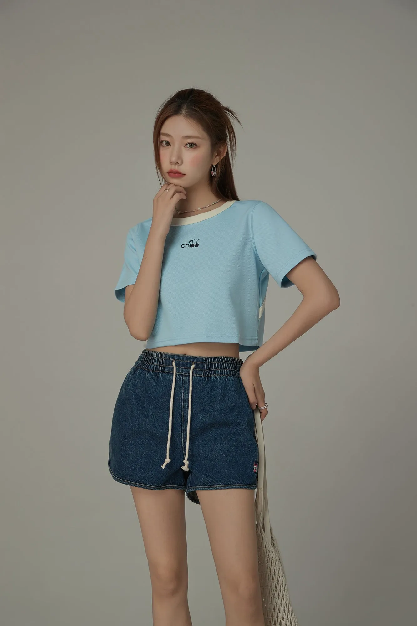 Chuu Cherry Back Open Colorblocked Cropped T-Shirt