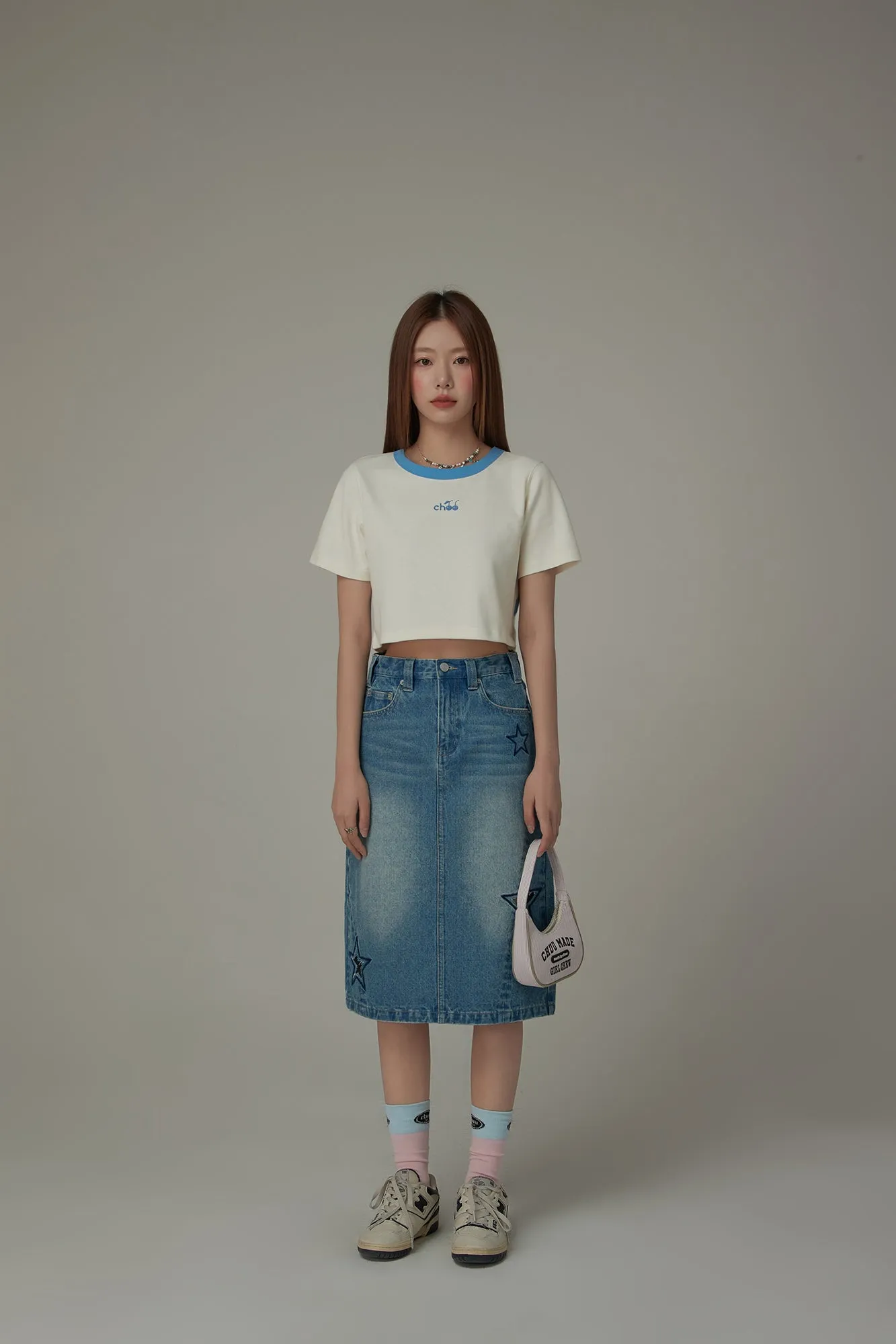 Chuu Cherry Back Open Colorblocked Cropped T-Shirt