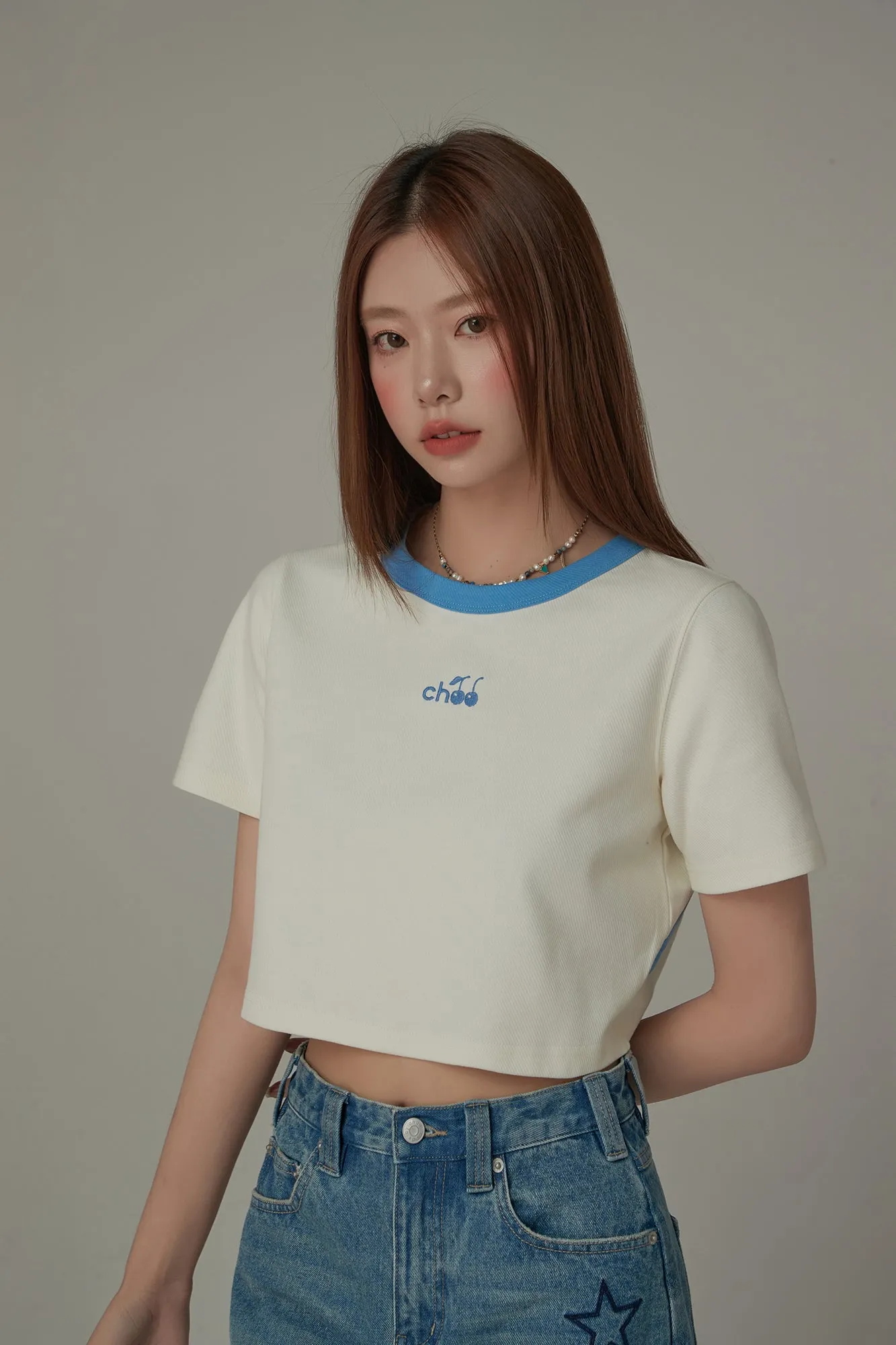 Chuu Cherry Back Open Colorblocked Cropped T-Shirt