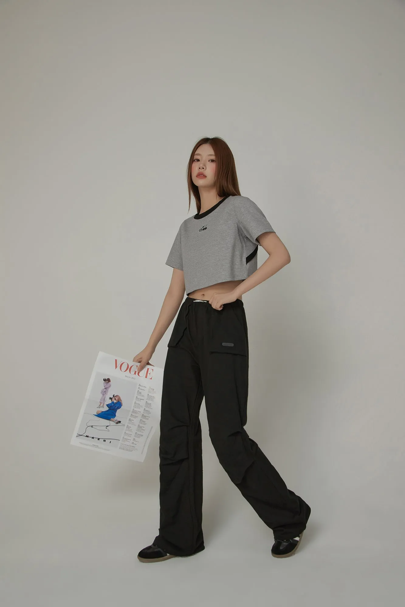 Chuu Cherry Back Open Colorblocked Cropped T-Shirt