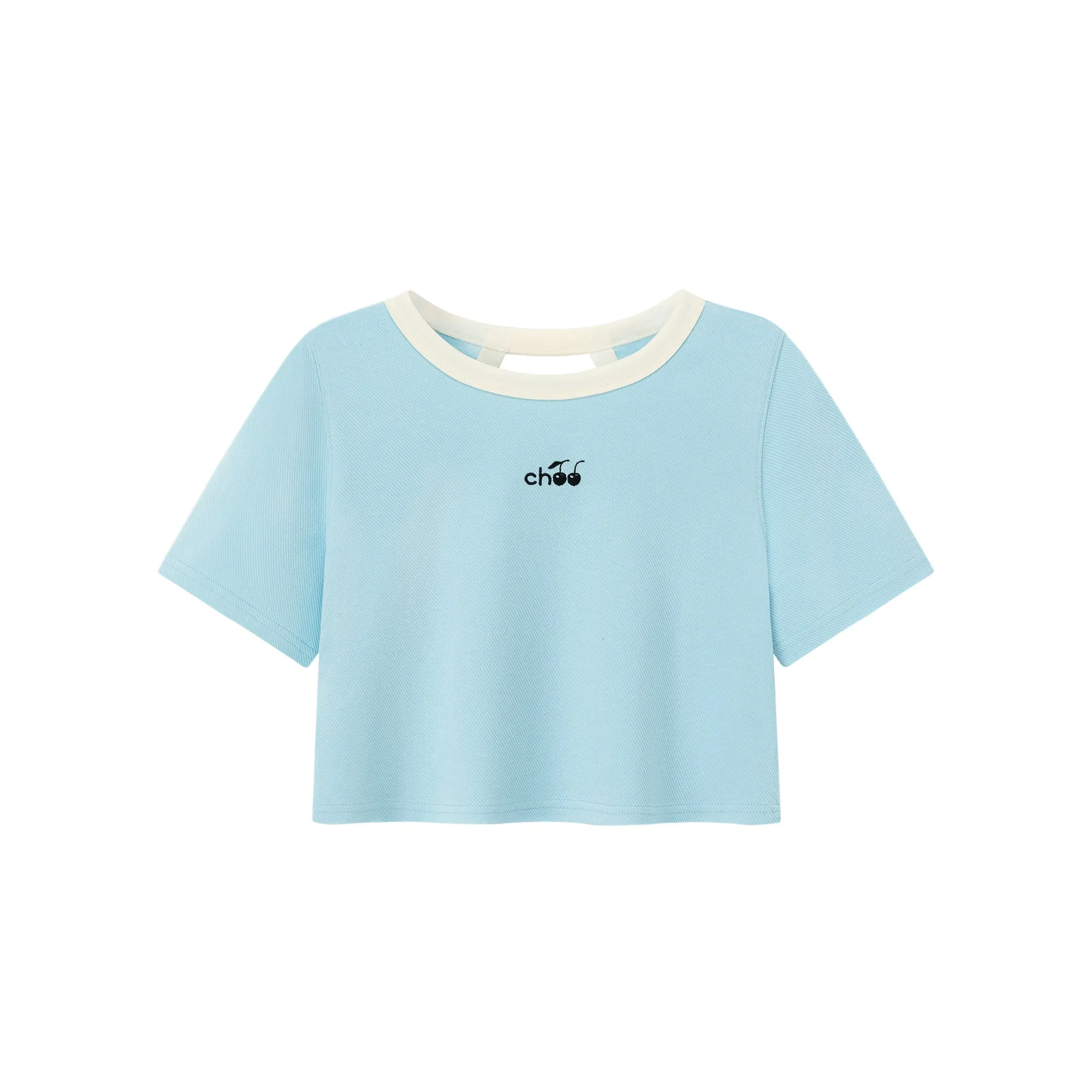 Chuu Cherry Back Open Colorblocked Cropped T-Shirt