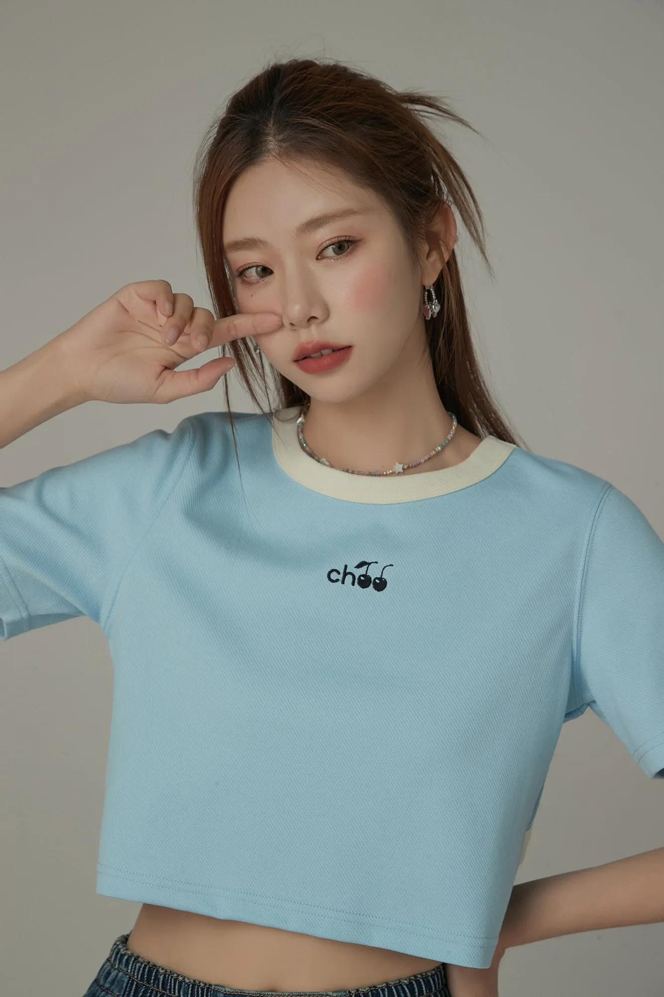 Chuu Cherry Back Open Colorblocked Cropped T-Shirt