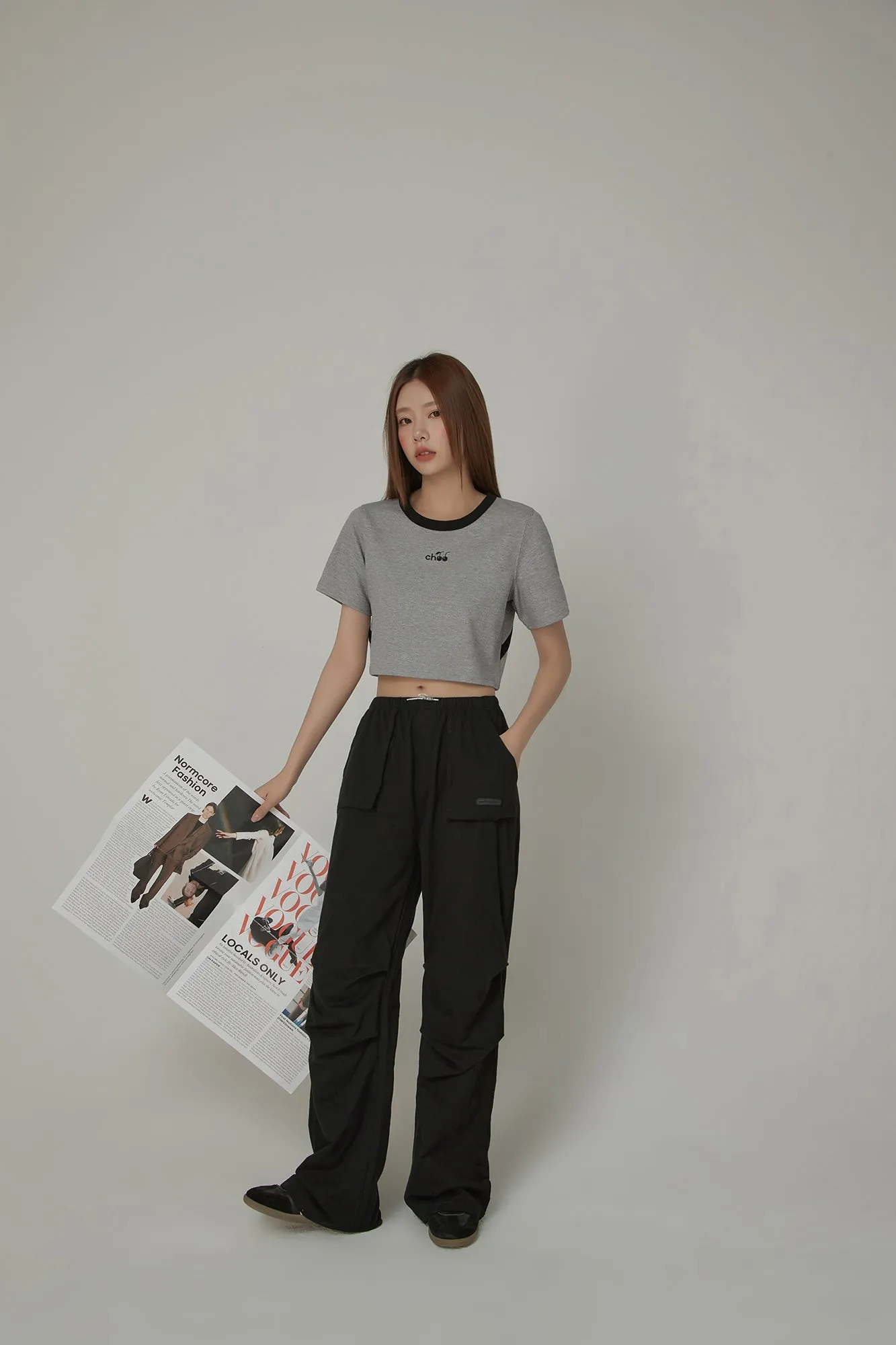 Chuu Cherry Back Open Colorblocked Cropped T-Shirt