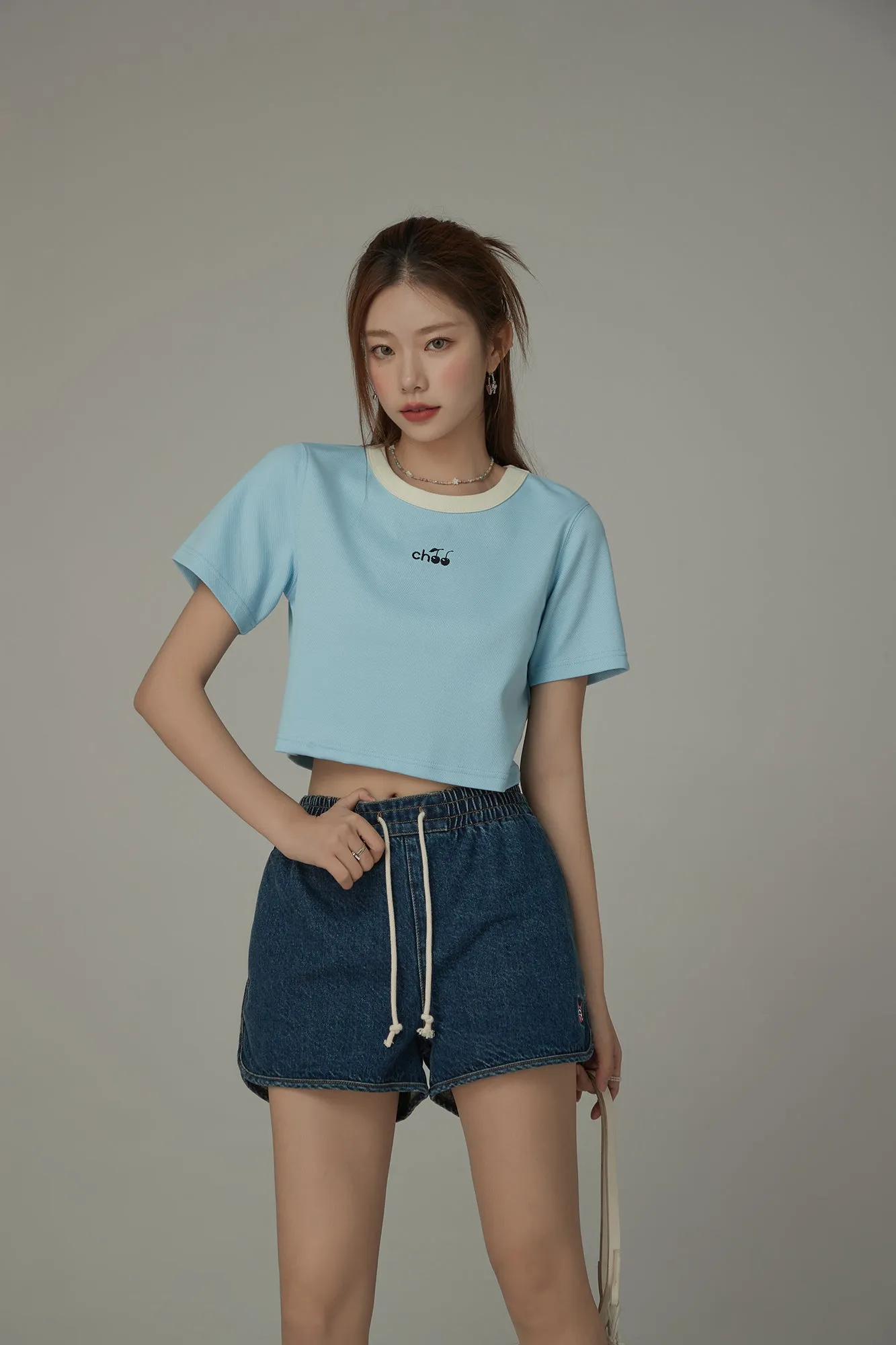 Chuu Cherry Back Open Colorblocked Cropped T-Shirt